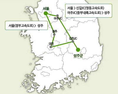 서울출발 경로를 나타내는 지도