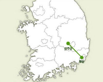부산출발 경로를 나타내는 지도