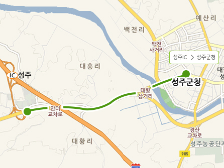 성주IC출발 경로를 나타내는 지도